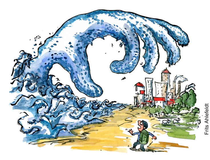 Tegning af en monster hav hånd der rækker ud mod en by mens en vandrer ser på - Klimaforandringer illustration af Frits Ahlefeldt