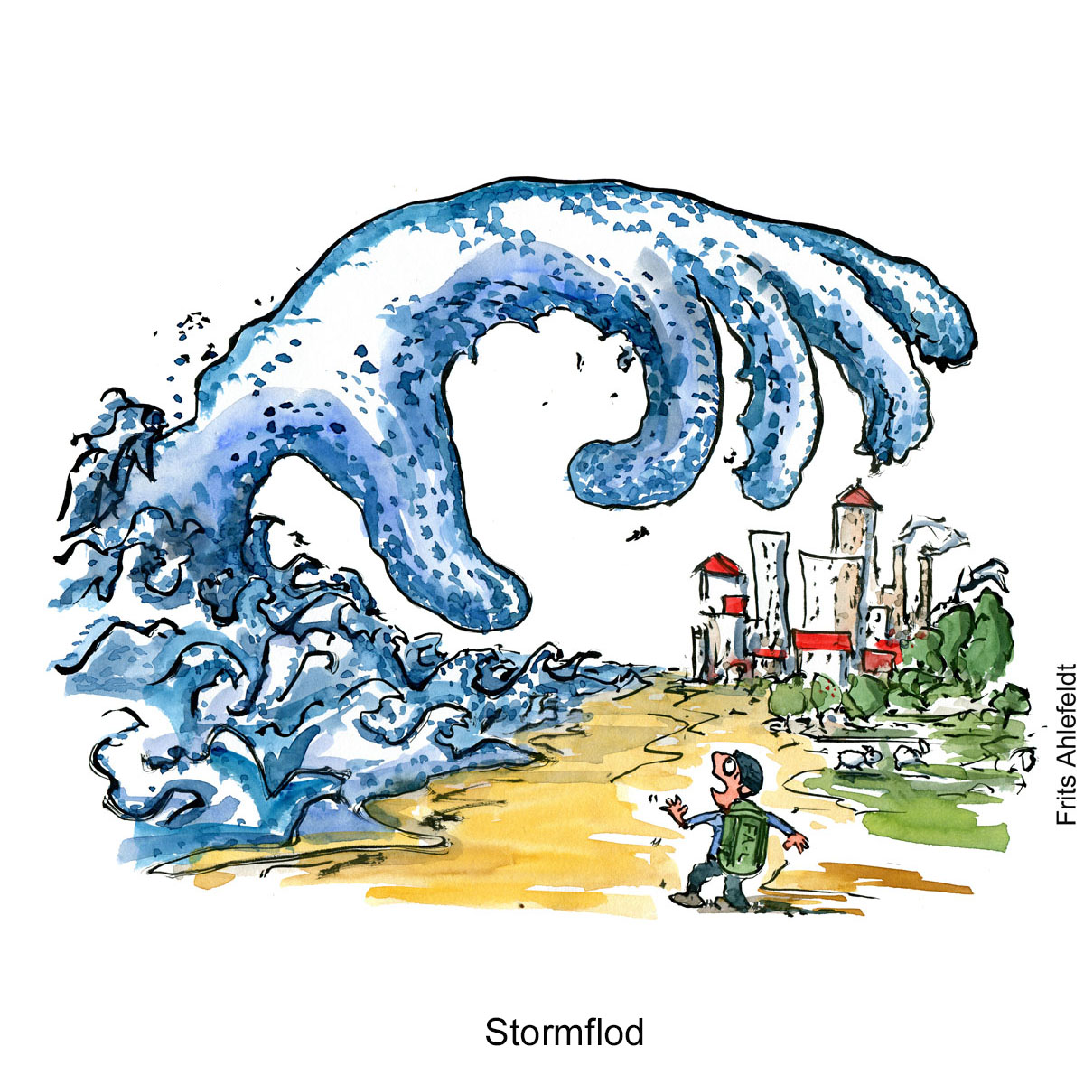 Tegning af en monster hav hånd der rækker ud mod en by mens en vandrer ser på - Klimaforandringer illustration af Frits Ahlefeldt