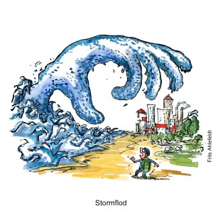 Tegning af en monster hav hånd der rækker ud mod en by mens en vandrer ser på - Klimaforandringer illustration af Frits Ahlefeldt