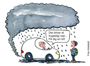 Tegning af en mand i bil som oser en sky det regner fra, han fortæller en fodgænger at han skal skynde sig og få en bil - Klimaforandringer illustration af Frits Ahlefeldt