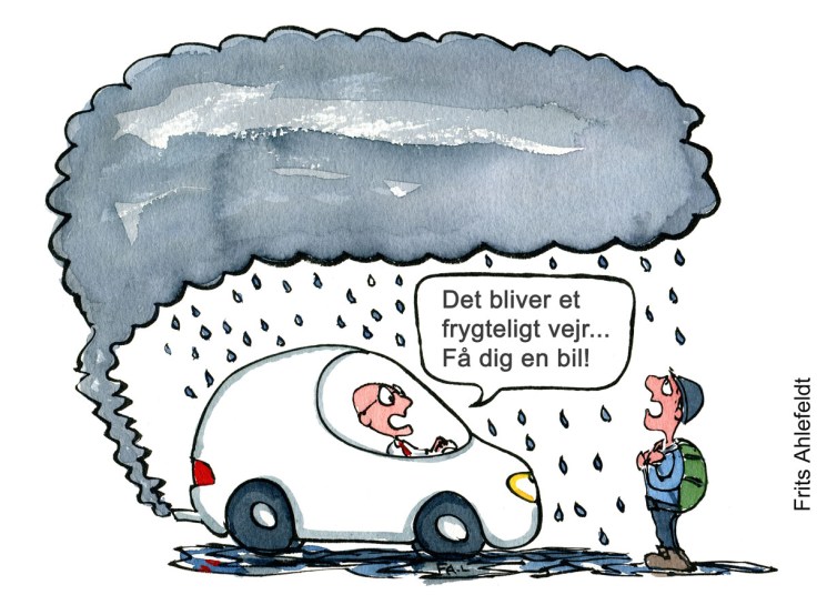 Tegning af en mand i bil som oser en sky det regner fra, han fortæller en fodgænger at han skal skynde sig og få en bil - Klimaforandringer illustration af Frits Ahlefeldt