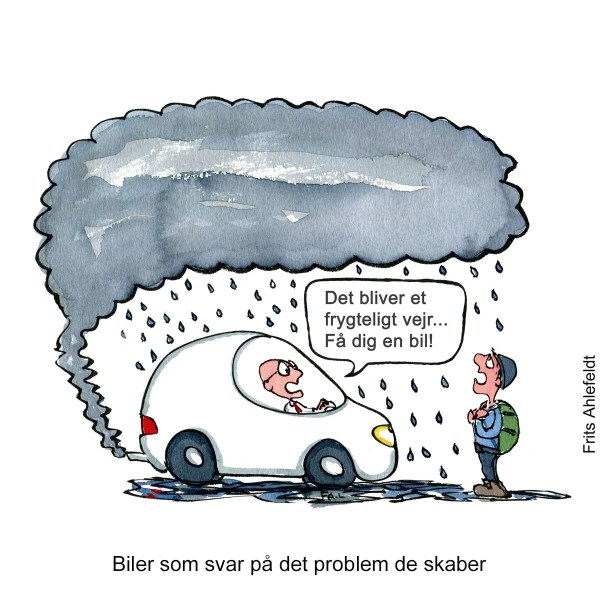 Tegning af en mand i bil som oser en sky det regner fra, han fortæller en fodgænger at han skal skynde sig og få en bil - Klimaforandringer illustration af Frits Ahlefeldt