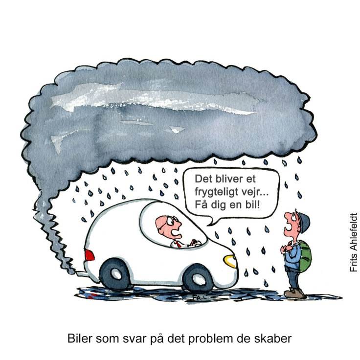 Tegning af en mand i bil som oser en sky det regner fra, han fortæller en fodgænger at han skal skynde sig og få en bil - Klimaforandringer illustration af Frits Ahlefeldt