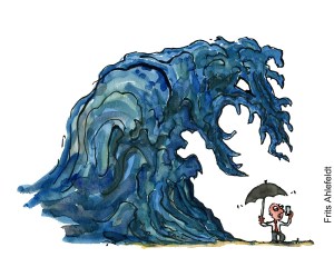 Tegning af en mand med paraply, som taler i telefon mens en monsterbølge er ved at ramme ham. - Klimaforandringer illustration af Frits Ahlefeldt