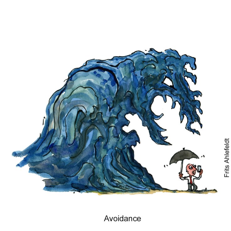 Tegning af en mand med paraply, som taler i telefon mens en monsterbølge er ved at ramme ham. - Klimaforandringer illustration af Frits Ahlefeldt