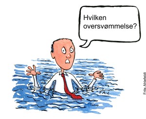 Tegning af en mand i en oversvømmelse som spørger hvilken oversvømmelse - Klimaforandringer illustration af Frits Ahlefeldt