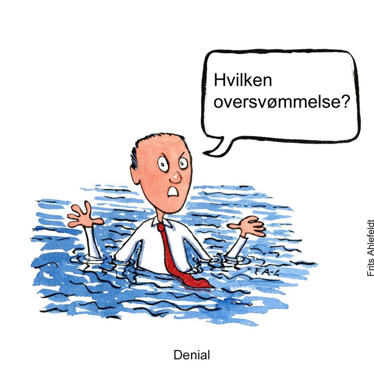 Tegning af en mand i en oversvømmelse som spørger hvilken oversvømmelse - Klimaforandringer illustration af Frits Ahlefeldt
