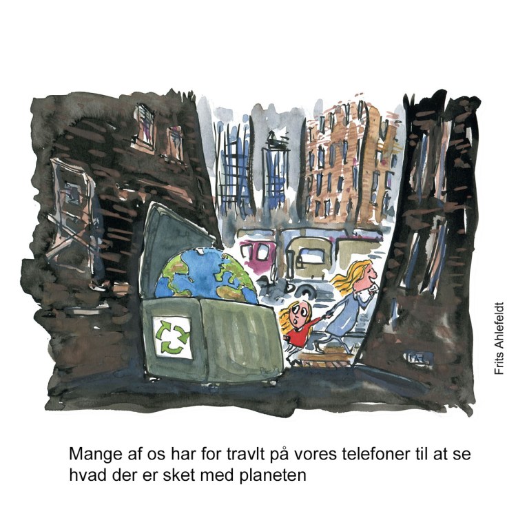 Tegning af en travl kvinde i en by med sit barn, de går forbi en kontainer med planet Jorden i - Klimaforandringer illustration af Frits Ahlefeldt