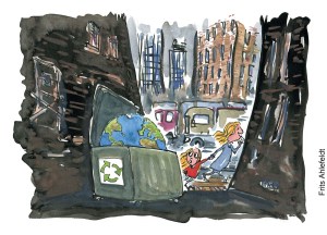 Tegning af en travl kvinde i en by med sit barn, de går forbi en kontainer med planet Jorden i - Klimaforandringer illustration af Frits Ahlefeldt