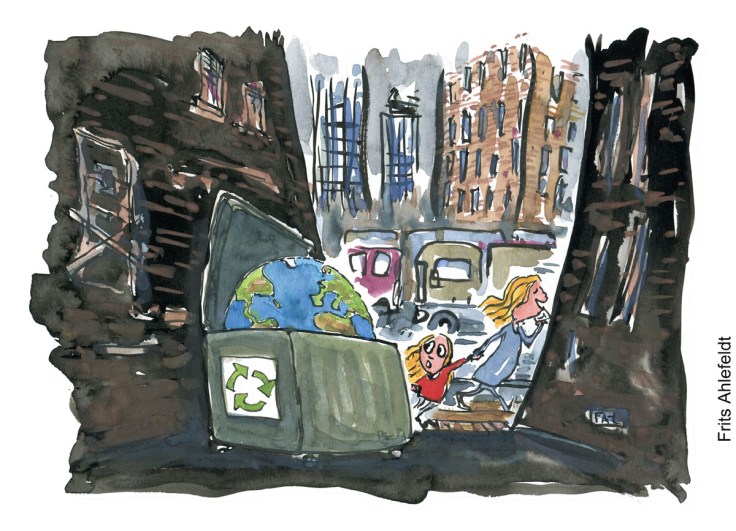 Tegning af en travl kvinde i en by med sit barn, de går forbi en kontainer med planet Jorden i - Klimaforandringer illustration af Frits Ahlefeldt