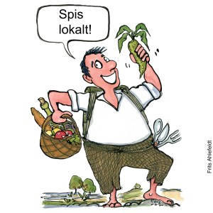 Tegning af en mand med kurv med mad, han siger spis lokalt - Klimaforandringer illustration af Frits Ahlefeldt