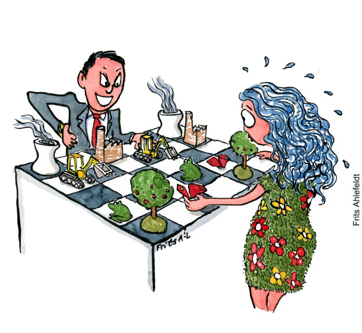 Tegning af en forretningsmand som spiller skak mod en naturkvinde - Klimaforandringer illustration af Frits Ahlefeldt