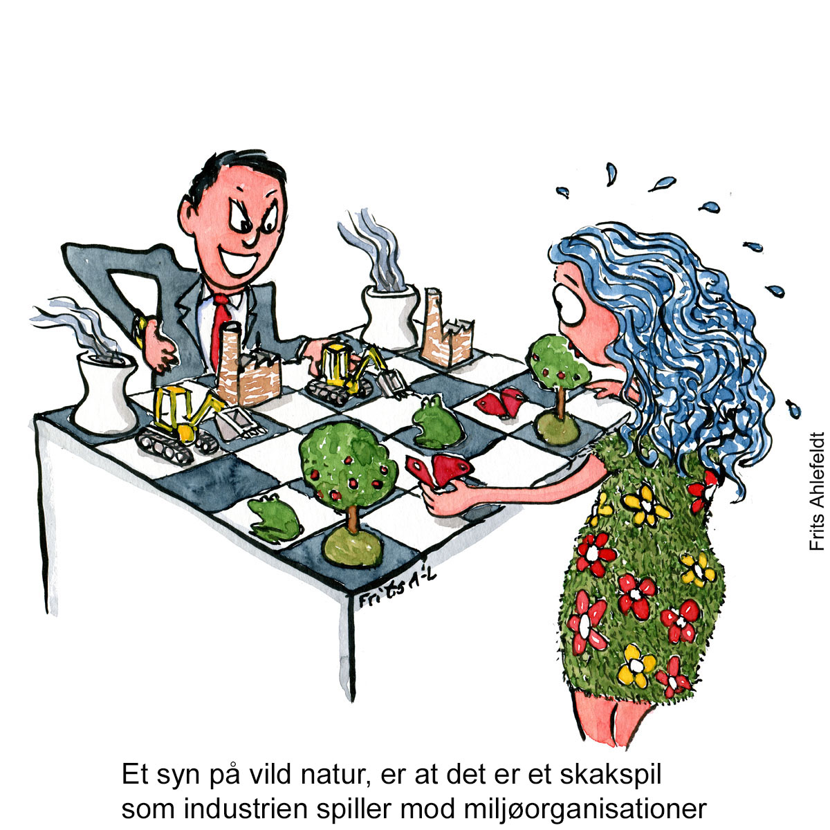 Tegning af en forretningsmand som spiller skak mod en naturkvinde - Klimaforandringer illustration af Frits Ahlefeldt