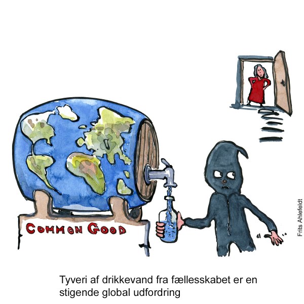 Tegning af en tyv som stjæler vand fra Jorden Klimaforandringer illustration af Frits Ahlefeldt