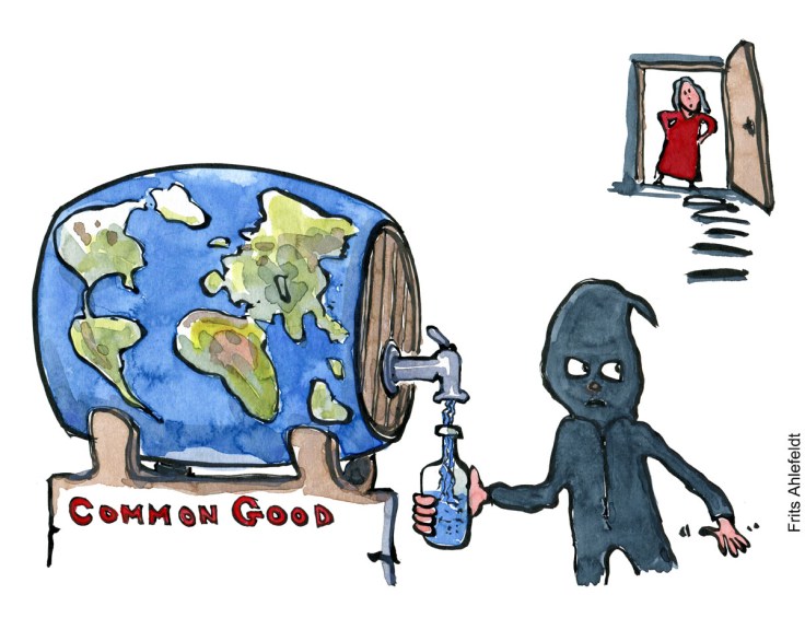 Tegning af en tyv som stjæler vand fra Jorden - Klimaforandringer illustration af Frits Ahlefeldt