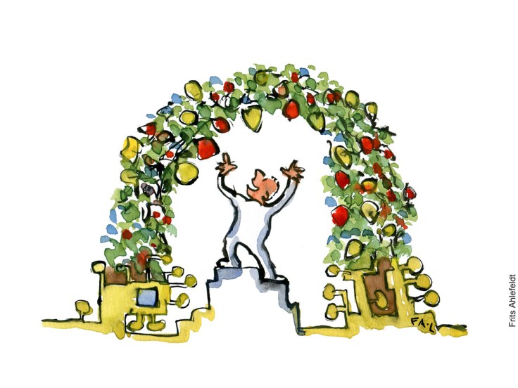 Tegning af en mand som dyrker mad i et laboratorium - Klimaforandringer illustration af Frits Ahlefeldt