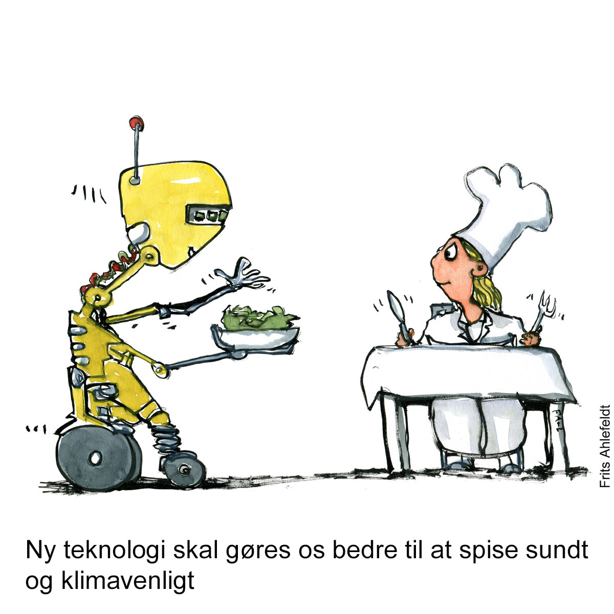 Tegning af en robot som serverer grøn mad for en kok - Klimaforandringer illustration af Frits Ahlefeldt