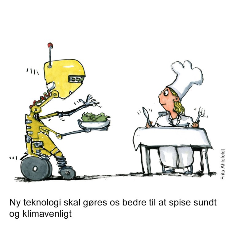 Tegning af en robot som serverer grøn mad for en kok - Klimaforandringer illustration af Frits Ahlefeldt