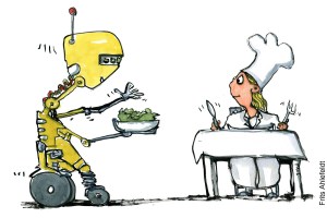 Tegning af en robot som serverer grøn mad for en kok - Klimaforandringer illustration af Frits Ahlefeldt