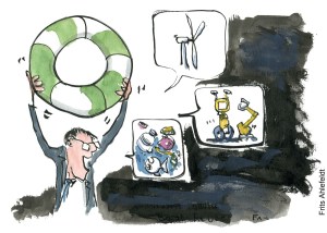 Tegning af en mand som holder en grønt redningskrans op - Klimaforandringer illustration af Frits Ahlefeldt