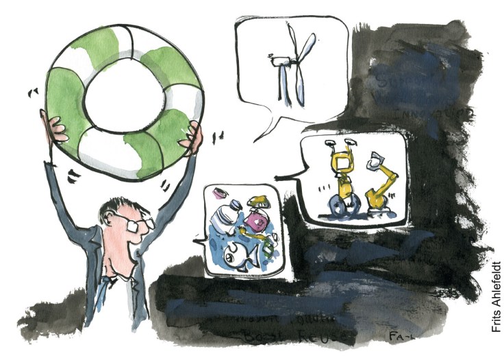 Tegning af en mand som holder en grønt redningskrans op - Klimaforandringer illustration af Frits Ahlefeldt