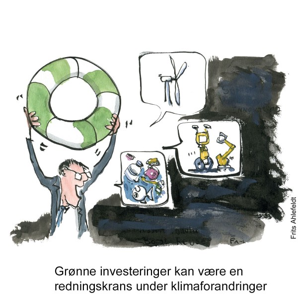 Tegning af en mand som holder en grønt redningskrans op - Klimaforandringer illustration af Frits Ahlefeldt