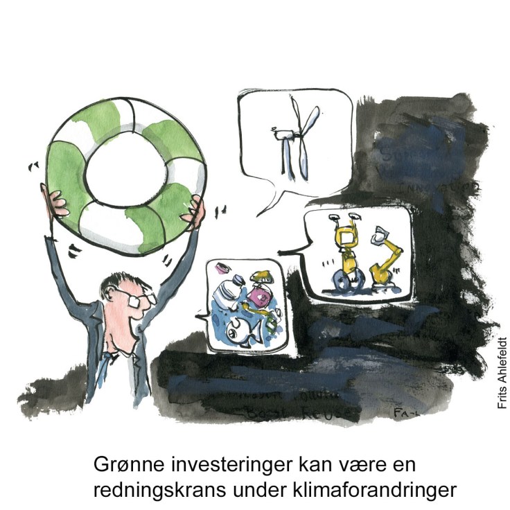 Tegning af en mand som holder en grønt redningskrans op - Klimaforandringer illustration af Frits Ahlefeldt