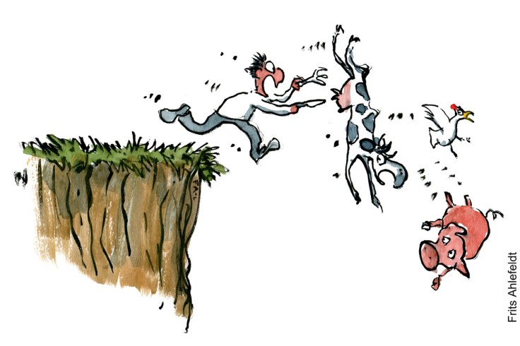 Tegning af en mand med kniv og gaffel som jager en ko, høne og gris udover en kant - Klimaforandringer illustration af Frits Ahlefeldt