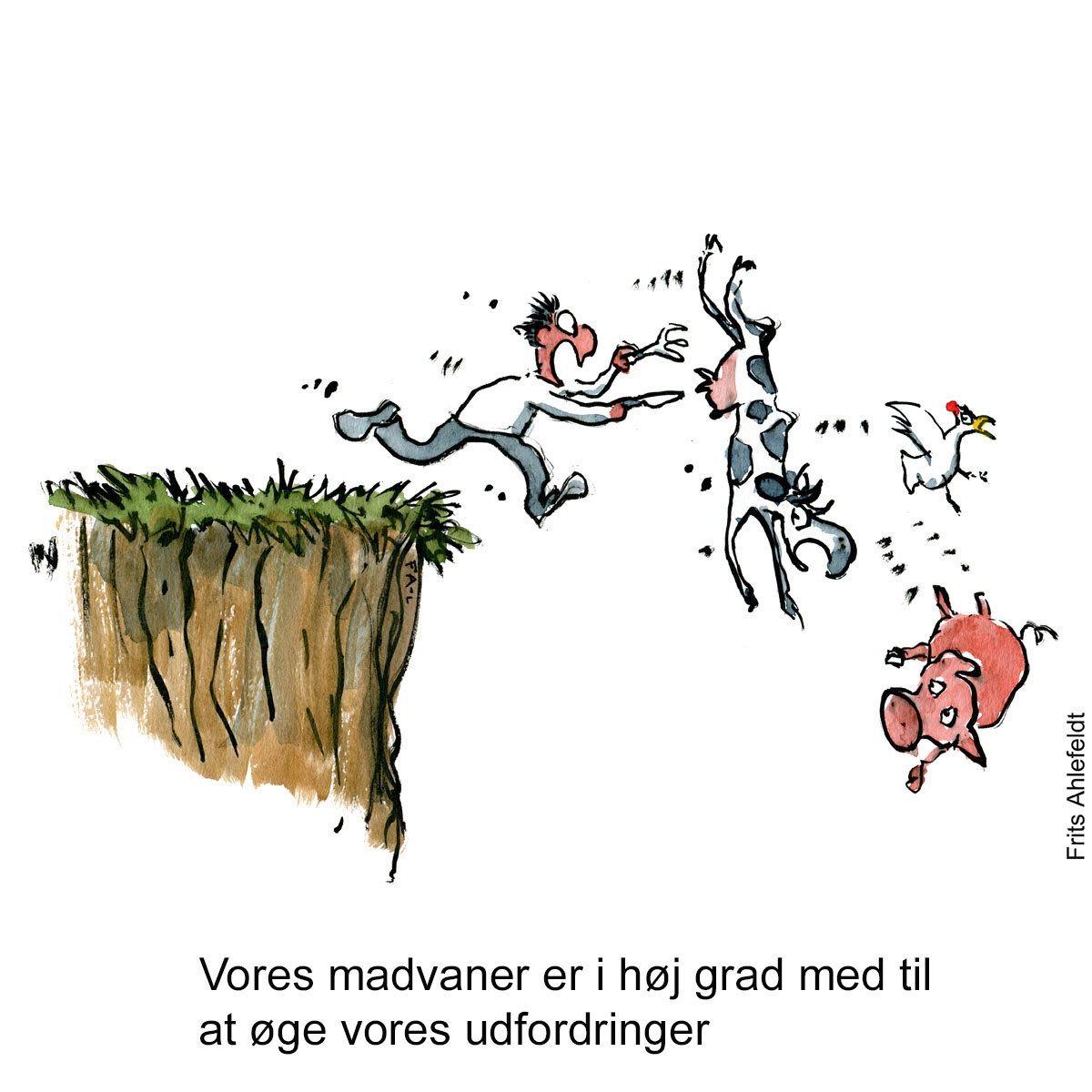 Tegning af en mand med kniv og gaffel som jager en ko, høne og gris udover en kant - Klimaforandringer illustration af Frits Ahlefeldt