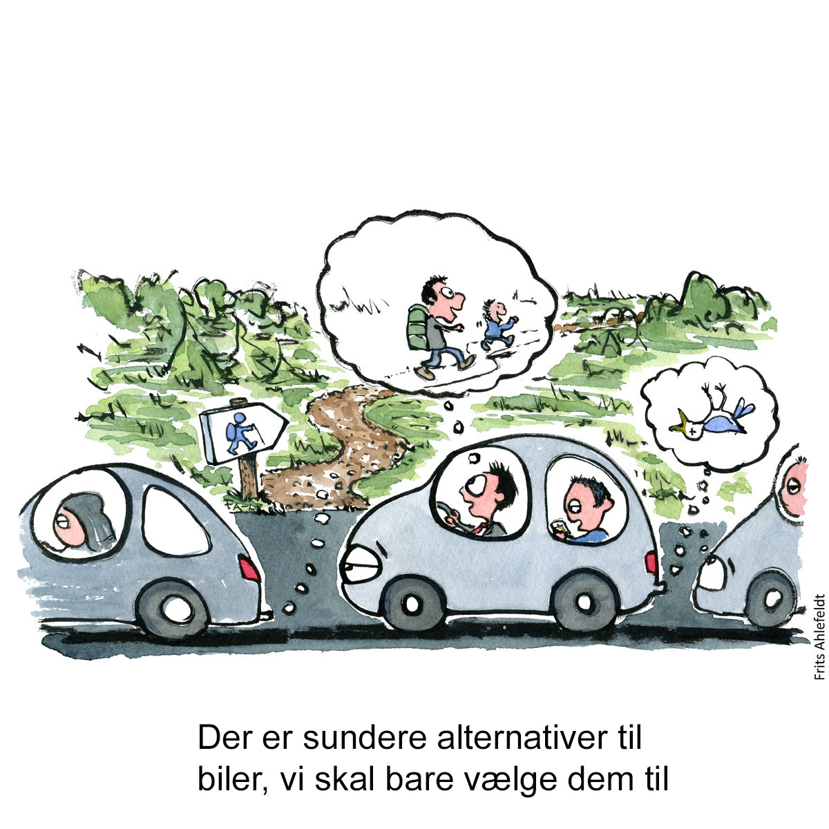 Tegning af biler som holder i kø, mens folk drømmer om at komme ud i naturen - Klimaforandringer illustration af Frits Ahlefeldt