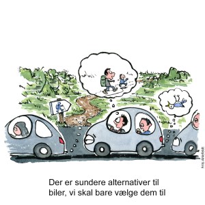Tegning af biler som holder i kø, mens folk drømmer om at komme ud i naturen - Klimaforandringer illustration af Frits Ahlefeldt