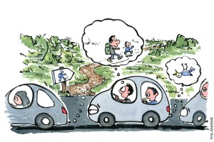 Tegning af biler som holder i kø, mens folk drømmer om at komme ud i naturen - Klimaforandringer illustration af Frits Ahlefeldt