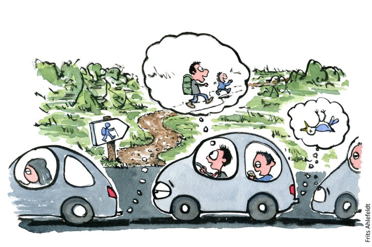 Tegning af biler som holder i kø, mens folk drømmer om at komme ud i naturen - Klimaforandringer illustration af Frits Ahlefeldt