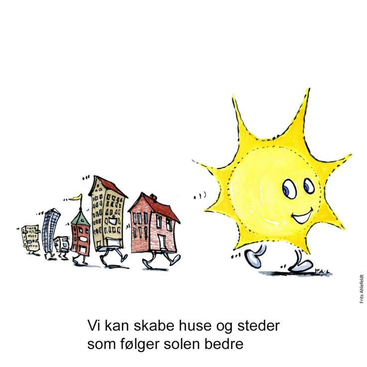 Tegning af huse der følger efter solen - Klimaforandringer illustration af Frits Ahlefeldt