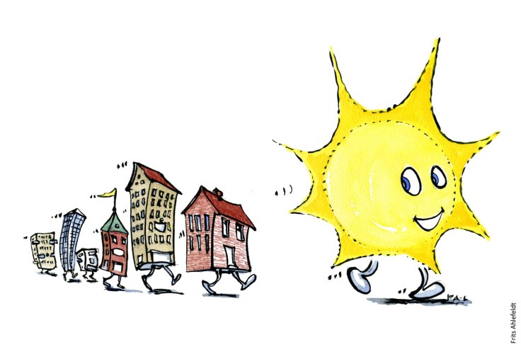 Tegning af huse der følger efter solen - Klimaforandringer illustration af Frits Ahlefeldt