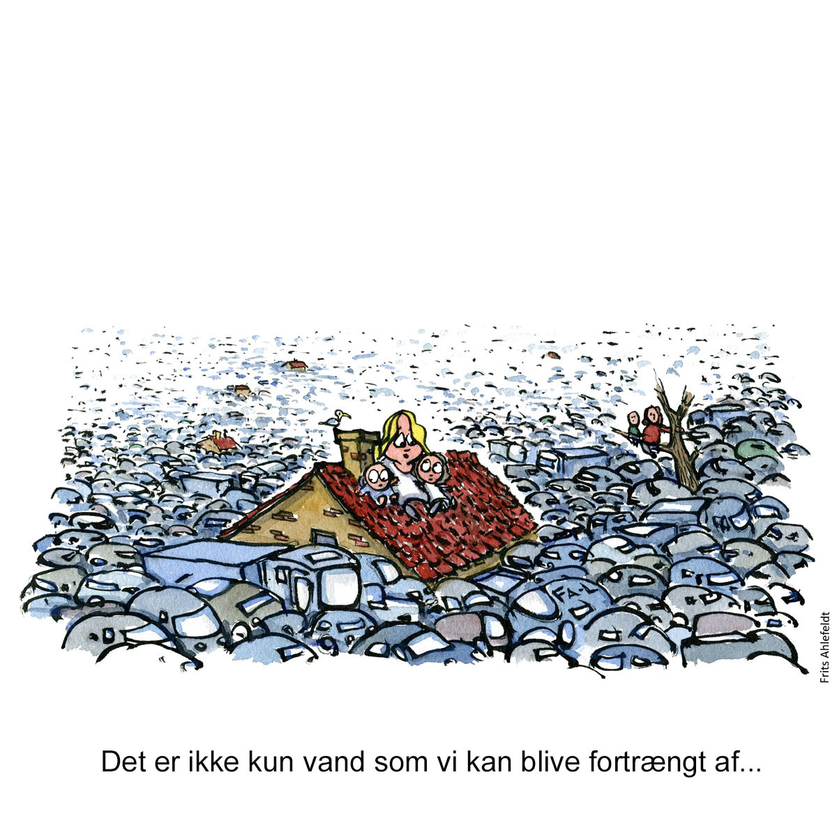Tegning af et hus oversvømmet af biler - Illustration af Frits Ahlefeldt