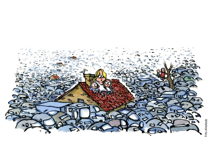 Tegning af et hus oversvømmet af biler - Illustration af Frits Ahlefeldt