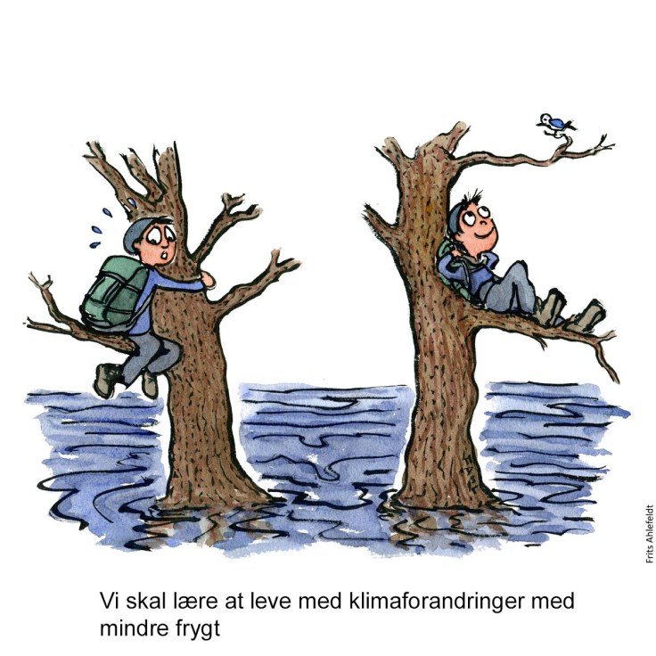 Tegning af en mand som sidder bange i et træ under oversvømmelse, og en der ser rolig ud - Illustration af Frits Ahlefeldt