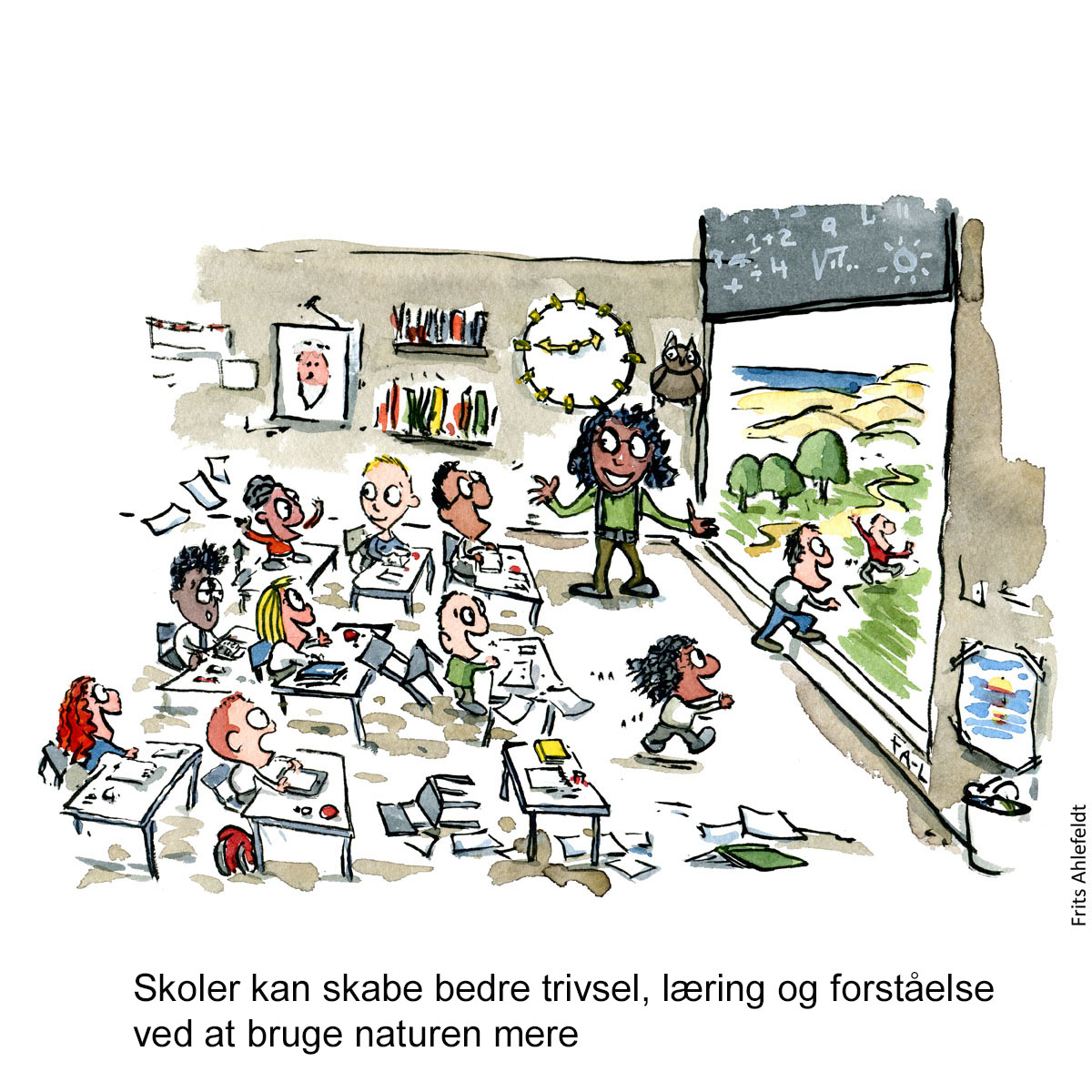 Tegning af nogle skolebørn som løber ud i naturen fra en skole - Illustration af Frits Ahlefeldt