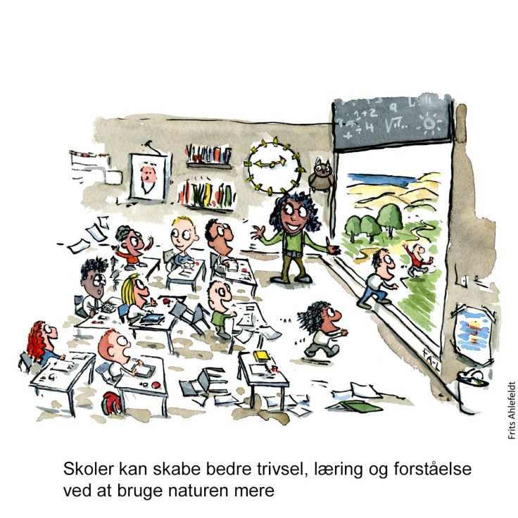 Tegning af nogle skolebørn som løber ud i naturen fra en skole - Illustration af Frits Ahlefeldt