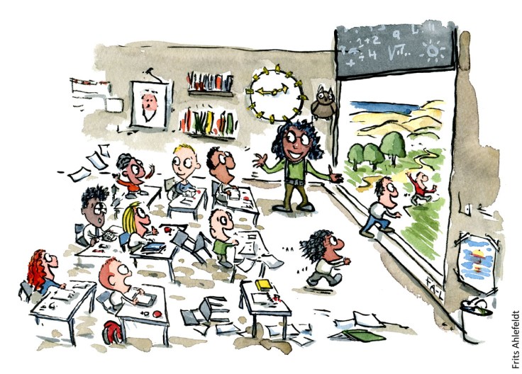 Tegning af nogle skolebørn som løber ud i naturen fra en skole - Illustration af Frits Ahlefeldt