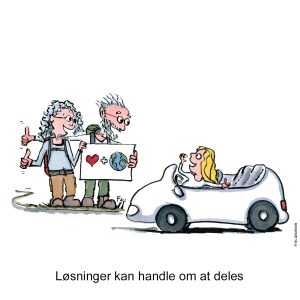 Tegning af et ældre par som tomler og samles op af en bil - Illustration af Frits Ahlefeldt