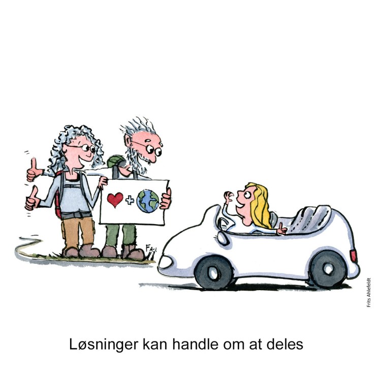 Tegning af et ældre par som tomler og samles op af en bil - Illustration af Frits Ahlefeldt