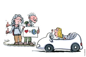 Tegning af et ældre par som tomler og samles op af en bil - Illustration af Frits Ahlefeldt