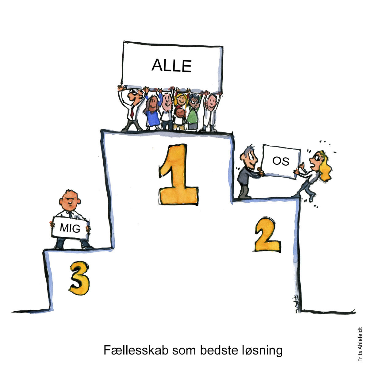 Tegning af en medalje skammel, med en gruppe øverst - Illustration af Frits Ahlefeldt