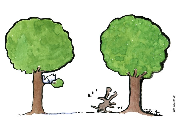 Tegning af en hund som gør opad det forkerte træ - Illustration af Frits Ahlefeldt