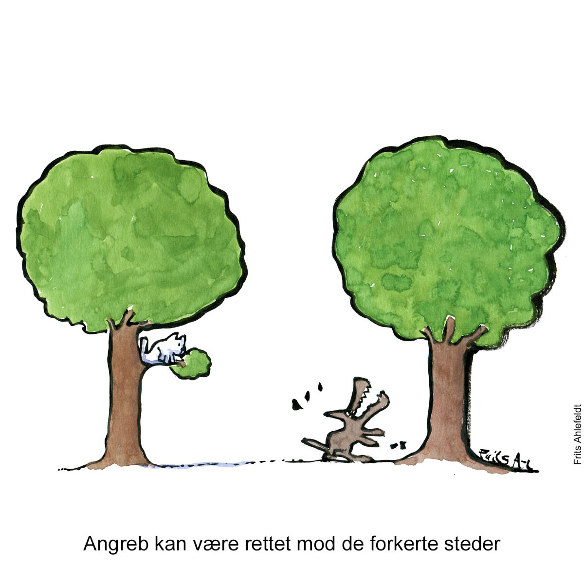 Tegning af en hund som gør opad det forkerte træ - Illustration af Frits Ahlefeldt