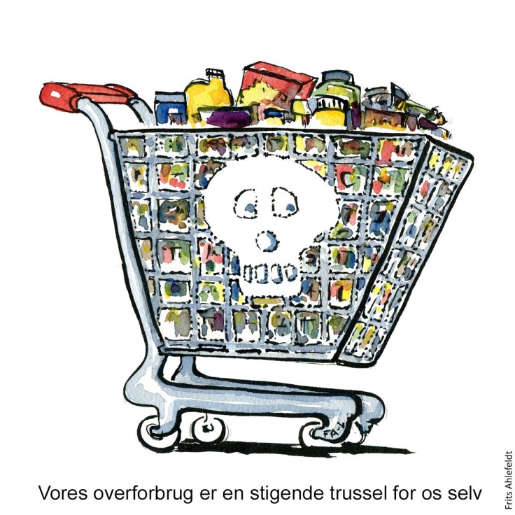 Tegning af en fyldt indkøbsvogn med et dødningehoved på. Illustration af Frits ahlefeldt