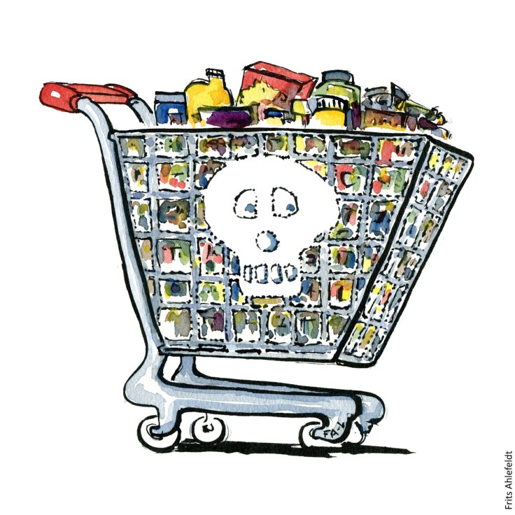 Tegning af en fyldt indkøbsvogn med et dødningehoved på. Illustration af Frits ahlefeldt