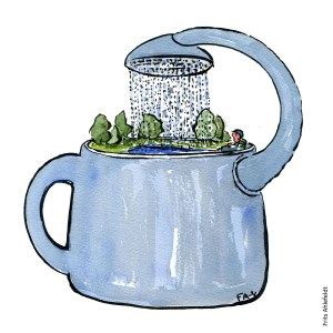 Tegning af en vandkande med et landskab indeni, og en tud der vender indad - Klimaforandringer illustration af Frits Ahlefeldt